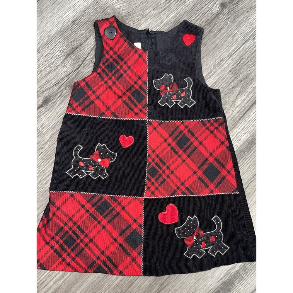 VINTAGE Bonnie Jean‎ Red & Black Hearts Corduroy SCOTTIE DOG DRESS SIZE 2T